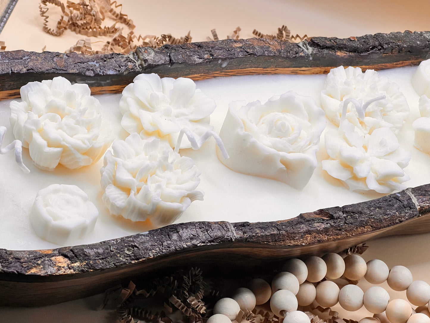 Wooden dough candle with decorative flowers